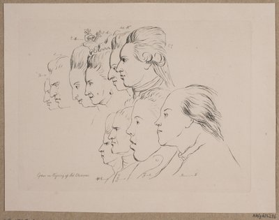 10 retratos: Enevold Brandt, Johann Friedrich Struensee, Caroline Mathilde, Julieane Marie, Arveprins Frederik, Christian VII, Marie Jeanne Clemens, J. F. Clemens, Jens Juel y Nicolai Abildgaard de Andreas Peter Madsen