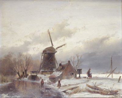 Un paisaje de río congelado con un molino de viento de Andreas Schelfhout