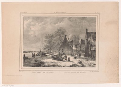 Río congelado cerca del pueblo A yard at winter / Un chantier en hiver (título sobre objeto) de Andreas Schelfhout