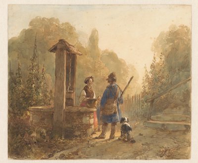 Cazador hablando con una campesina en un pozo, a su lado un perro de Andreas Schelfhout