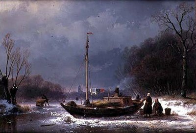 Campesinos junto a un Barco en un Río Congelado de Andreas Schelfhout