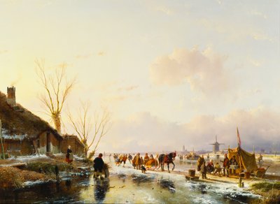 Patinadores junto a una Caseta en un Río Congelado de Andreas Schelfhout