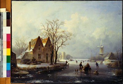 Patinadores en un paisaje invernal congelado de Andreas Schelfhout
