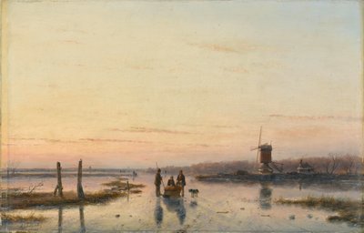 Molino de viento junto a un río helado de Andreas Schelfhout