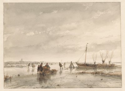 Paisaje invernal con lago congelado de Andreas Schelfhout