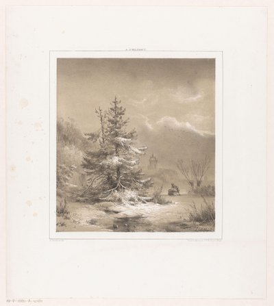 Paisaje invernal con pinos y un hombre con trineo de Andreas Schelfhout