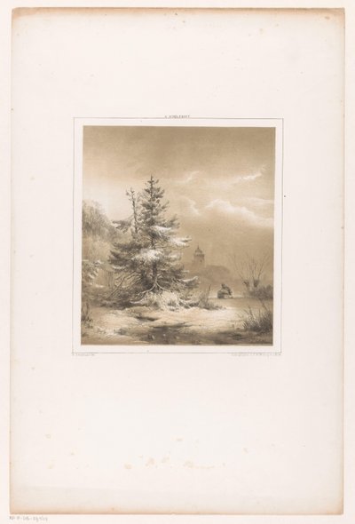 Paisaje invernal con pinos y un hombre con trineo de Andreas Schelfhout