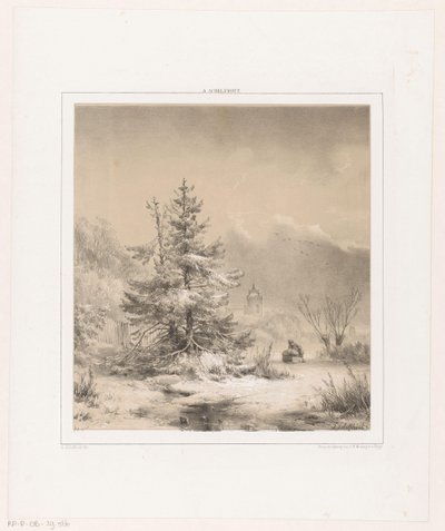 Paisaje invernal con pinos y un hombre con trineo de Andreas Schelfhout