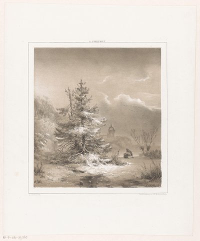 Paisaje invernal con pinos y un hombre con trineo de Andreas Schelfhout