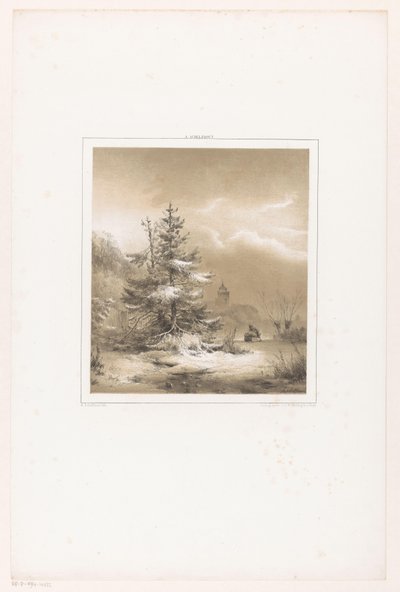 Paisaje invernal con pinos y un hombre con trineo de Andreas Schelfhout