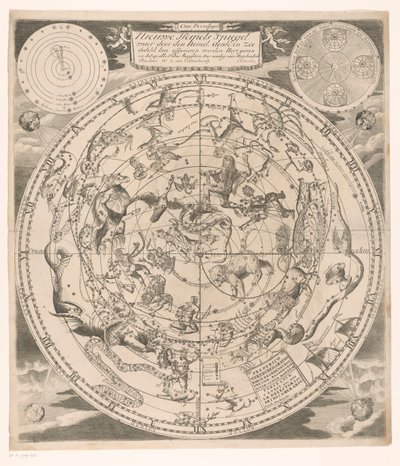 Mapa del cielo con las constelaciones del norte Nuevo espejo celestial: donde a través del cielo, la tierra y el mar inmediatamente (...) (título sobre el objeto) de Andreas van Luchtenburg (possibly)