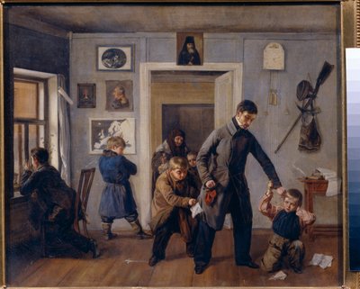 En la escuela. Un profesor de una escuela rural agarra a un niño por la oreja en el aula donde otros niños están haciendo caras y travesuras. Pintura de Andrei Andreyevich Popov (1832-1896), óleo sobre lienzo de Andrei Andreevich Popov