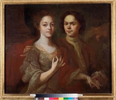 Autorretrato con su esposa (Autorretrato con la esposa) - Pintura de Andrei Matveyevich Matveyev (Matveiev) (1701-1739), óleo sobre lienzo, hacia 1729 - Arte ruso, retrato del siglo XVIII - Museo Estatal Ruso, San Petersburgo de Andrei Matveyev