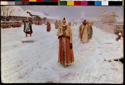 domingo (domingo). En invierno, en un camino nevado en el Gran Ducado de Moscú, durante los tiempos turbulentos (siglo XVI-XVII) de la antigua Rusia, los boyardos (boiards, boiars), hombres y mujeres, con trajes tradicionales, regresan de la iglesia. la pi de Andrei Petrovich Ryabushkin