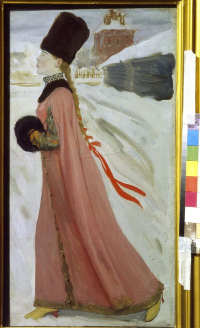 Joven moscovita del siglo XVII (Chica moscovita del siglo XVII). Retrato de un aristócrata Boyard (boiard, boiar) caminando arrogantemente por una calle nevada. Obra de Andrei Petrovich Ryabushkin (Riaboutchkine) (1861-1904), óleo sobre cartón de Andrei Petrovich Ryabushkin
