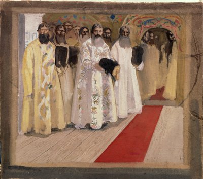 Esperando al Zar. Boyards (boiards, boiars), en el Ducado de Moscú, esperan para recibir al Zar Alexis I de Rusia, conocido como el Zar Muy Pacífico (1629-1676). Obra de Andrei Petrovich Ryabushkin (Riaboutchkine) (1861-1904) de Andrei Petrovich Ryabushkin