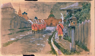 Patrulla callejera en la Puerta Ilyinsky en el Viejo Moscú. Obra de Andrei Petrovich Ryabushkin (Riaboutchkine) (1861-1904), acuarela sobre papel de Andrei Petrovich Ryabushkin