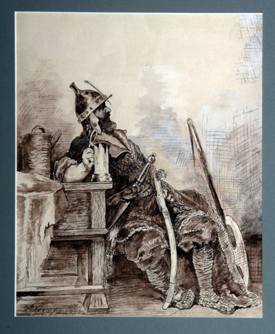 "Representation du heros russe Bogatyr, chevalier errant" Aquarelle de Andrei Petrovich Riabouchkine (Ryabushkin) (1861-1904) 1893 Dim 29,7x26,7 cm Galería de Arte Regional, Perm de Andrei Petrovich Ryabushkin