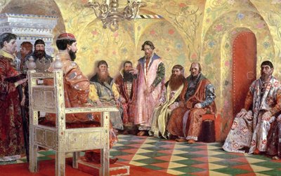 Zar Mijaíl Fiódorovich (1596-1645) con boyardos sentados en su habitación, 1893 de Andrei Petrovich Ryabushkin
