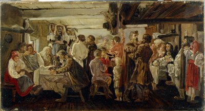 Una boda campesina en la región de Tambov (Rusia). (Boda campesina en la región de Tambov). Pintura de Andrei Petrovich Ryabushkin (Riaboutchkine) (1861-1904), óleo sobre lienzo, alrededor de 1880. Arte ruso del siglo XIX. Galería Estatal Tretyakov, Moscú. de Andrei Petrovich Ryabushkin