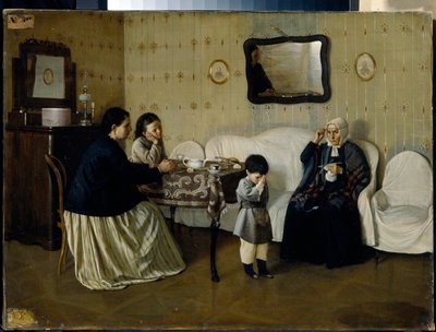 Una mañana en familia, enseñar a rezar al niño - Pintura de Andrei Antipovich Rumyantsev (?-1907), óleo sobre lienzo de Andrei Rumyantsev