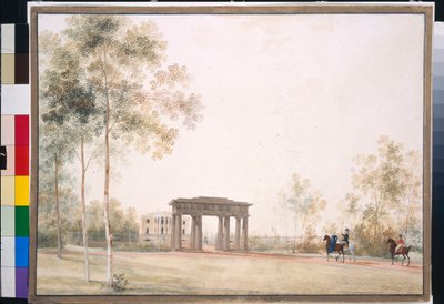""Puerta de entrada al parque en Tsarskoye Selo"" de Andrei Yefimovich Martynov (1768-1826), Gouache sobre papel posterior a 1821, 38,5x51,5, Galería Estatal Tretyakov, Moscú de Andrei Yefimovich Martynov