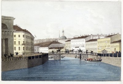 Le pont Bolshoi Koniushennyi a San Petersburgo. (Puente Bolshoi Koniushennyi en San Petersburgo). Litografía y acuarela de Andrei Yefimovich Martynov (1768-1826) de Andrei Yefimovich Martynov