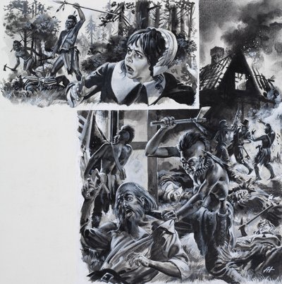 Ataques de indios a colonos inmigrantes (gouache sobre papel) de Andrew Howat