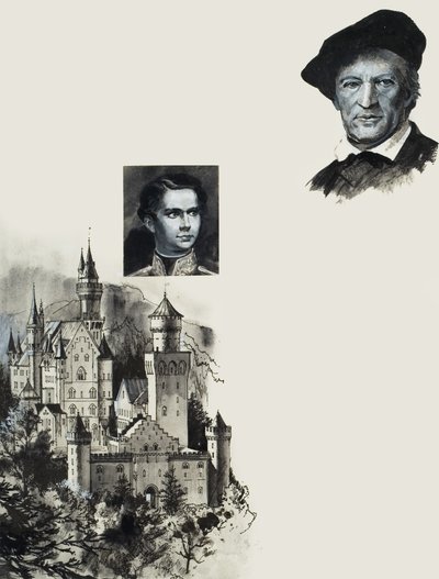 Luis II de Baviera y su castillo de Neuschwanstein (gouache sobre papel) de Andrew Howat