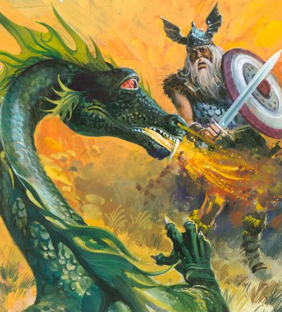 Escena de Beowulf (gouache sobre papel) de Andrew Howat