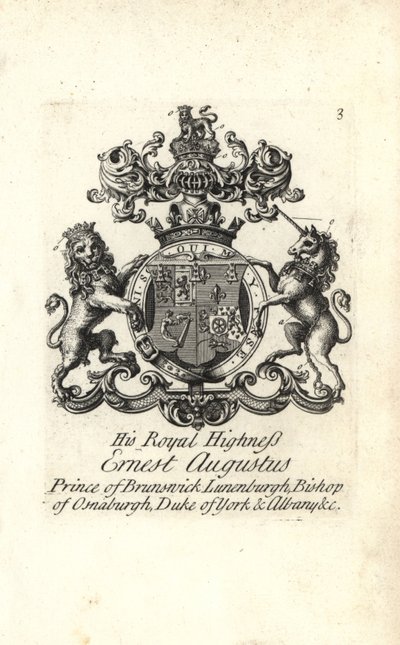 Escudo de armas y cresta de SAR Ernesto Augusto, Príncipe de Brunswick Luneburgo, Obispo de Osnaburgh, Duque de York y Albany de Andrew Johnston