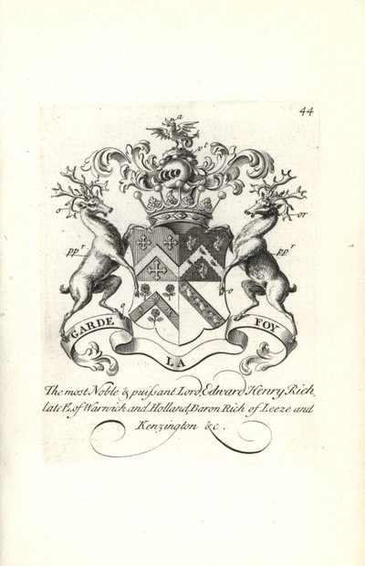 Escudo de armas y cresta de Lord Edward Henry Rich, 7º Conde de Warwick y Holland, Barón Rich de Leeze y Kensington de Andrew Johnston