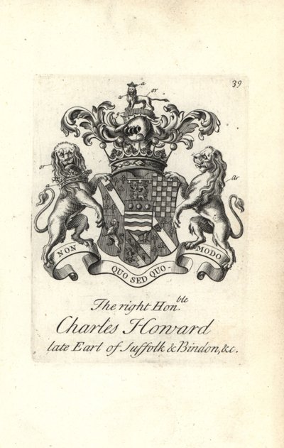 Escudo de armas y cresta del honorable Charles Howard, 9º Conde de Suffolk y Bindon de Andrew Johnston