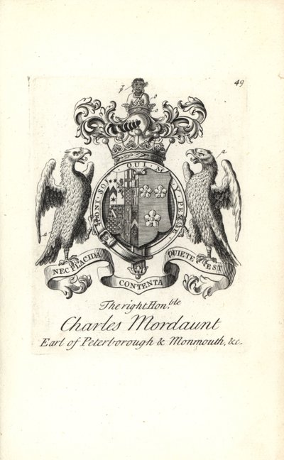 Escudo de armas y cresta del honorable Charles Mordaunt, 3º Conde de Peterborough y 1º Conde de Monmouth de Andrew Johnston