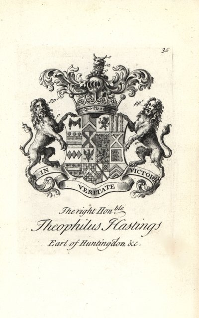 Escudo de armas y cresta del honorable Theophilus Hastings, 9º Conde de Huntingdon de Andrew Johnston