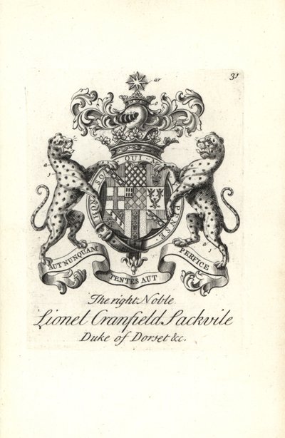 Escudo de armas y cresta del muy noble Lionel Cranfield Sackville, Duque de Dorset de Andrew Johnston