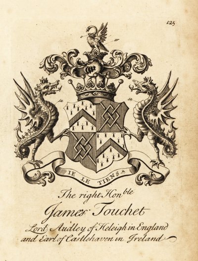Escudo de armas del Muy Honorable James Touchet, Lord Audley de Heleigh en Inglaterra, 6º Conde de Castlehaven en Irlanda, fallecido en 1740 de Andrew Johnston