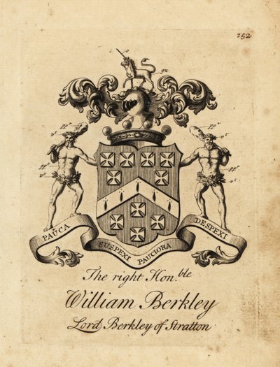 Escudo de armas del Muy Honorable William Berkley, Lord Berkley de Stratton, 4º Barón Berkeley de Stratton, fallecido en 1741 de Andrew Johnston