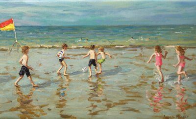 Fútbol playa, Sheringham, 2018 (óleo sobre lienzo) de Andrew Macara