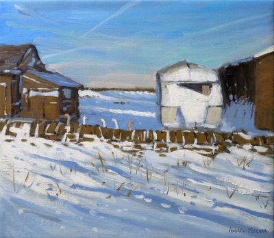 Caravana y gansos, Derbyshire, 2011 (óleo sobre lienzo) de Andrew Macara