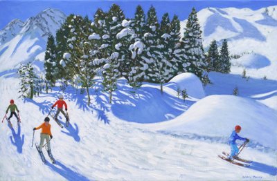 Cuatro esquiadores alpinos, 2024,(óleo sobre lienzo) de Andrew Macara