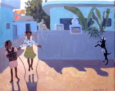 Niña saltando, mono y cabra, India de Andrew Macara