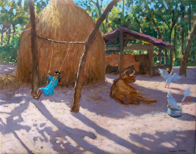 Pajar y niña en un columpio, Kerala (óleo sobre lienzo) de Andrew Macara
