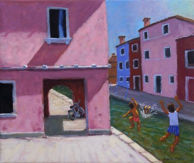 Saltando al canal, Murano, Venecia, 2021 (óleo sobre lienzo) de Andrew Macara