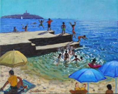 Saltando al mar, Rovinj, Croacia, 2024 (óleo sobre lienzo) de Andrew Macara