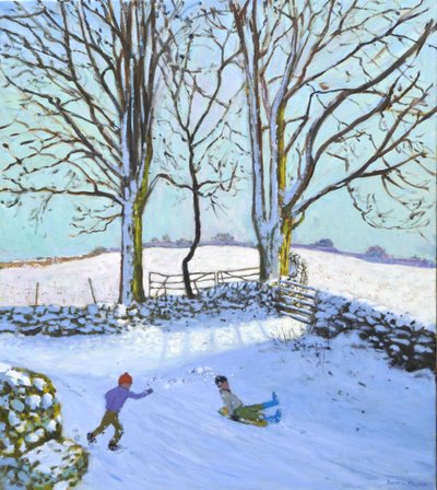 Grandes árboles y trineos, Derbyshire, 2023 (óleo sobre lienzo) de Andrew Macara