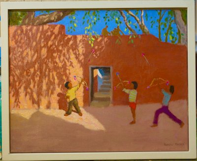 Jugando con arcos y flechas, India, 2005 (óleo sobre lienzo) de Andrew Macara