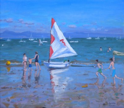 Velero rojo y blanco ,Abersoch (óleo sobre lienzo) de Andrew Macara