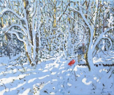 Trineo rojo, Allestree Park, Derby, 2022 (óleo sobre lienzo) de Andrew Macara