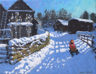 Trineo, cerca de Wintercroft Lane cerca de Dovedale y Thorpe. Ashbourne, 2021 (óleo sobre lienzo) de Andrew Macara